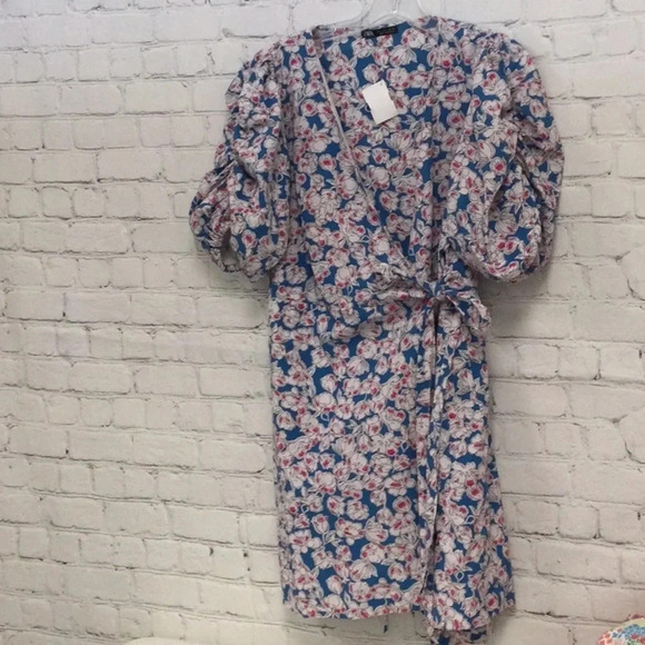Zara Large Puff Sleeve Floral Mini Wrap Dress - Picture 1 of 6